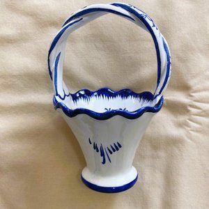 Vintage Alcobacu Blue and White Portuguese Ceramic Basket Hand Painted Signed